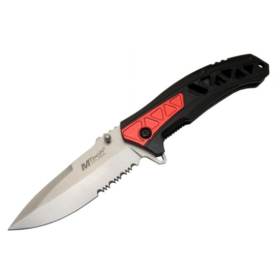 4192 Kırmızı Kamp Çakı 21cm - Yarı Otomatik, Testere Detaylı, Desenli Sap