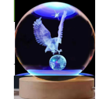 Dekoratif KARTAL Tasarımlı Ahşap altlıklı Işıklı Cam Küre Cam:6cm Ahşap:2cm