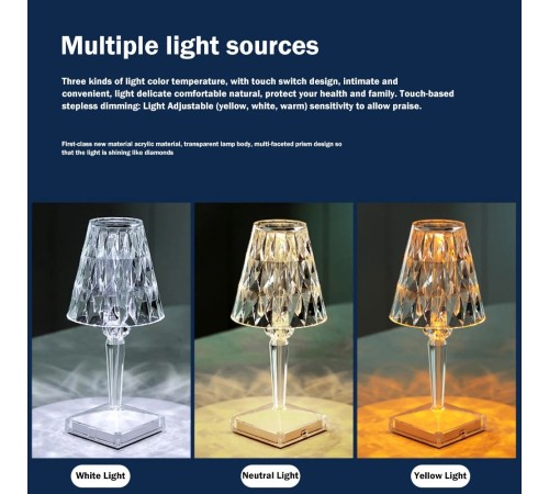 toptan-xml-dropshipping-PS-101 Kristal Elmas Led Dokunmatik Ayarlanabilir Işık Şiddeti ve Parlaklık Şarjlı Masa Lambası