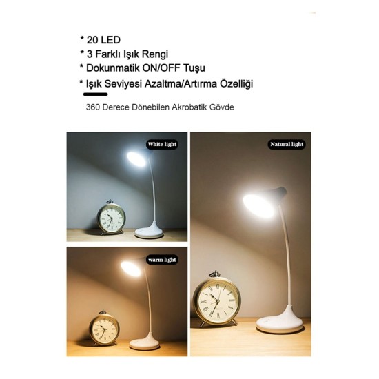 toptan-xml-dropshipping-PS-1918 Şarjlı Dokunmatik 20 Led 3 Kademeli Ayarlanabilir Renk Tonu Ve Parlaklık Masa Lambası