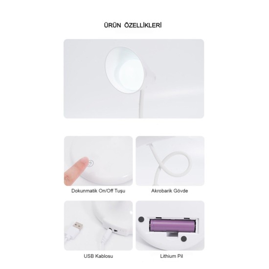 toptan-xml-dropshipping-PS-1918 Şarjlı Dokunmatik 20 Led 3 Kademeli Ayarlanabilir Renk Tonu Ve Parlaklık Masa Lambası