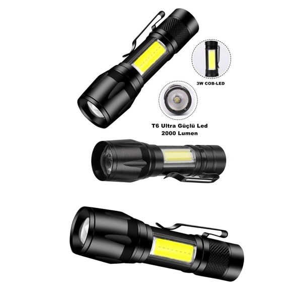 Ultra Çift Yönlü Güçlü Pilli Led El Feneri 2000 Lümen 6W Cob Led Su Geçirmez Zoomlu 3 Modlu