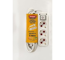 3 lü Topraklı Anahtarlı 5 Metre Kablolu Grup Priz