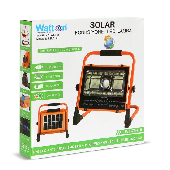 toptan-xml-dropshipping-P70 LED Solar Panel Şarjlı Taşınabilir Projektör 176 SMD + Yan LED WT-734
