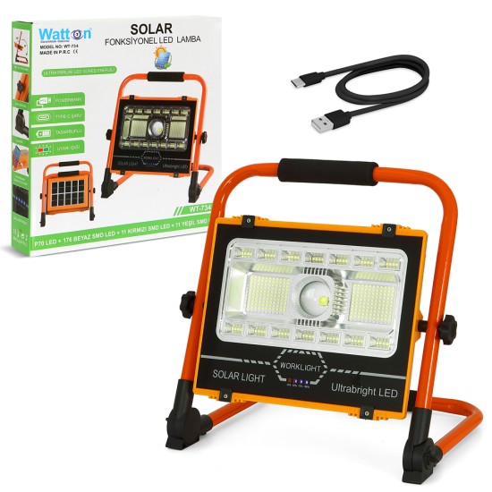 toptan-xml-dropshipping-P70 LED Solar Panel Şarjlı Taşınabilir Projektör 176 SMD + Yan LED WT-734