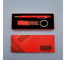 Kırmızı Deri Anahtarlık Ve Kalem