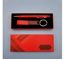 Kırmızı Deri Anahtarlık Ve Kalem