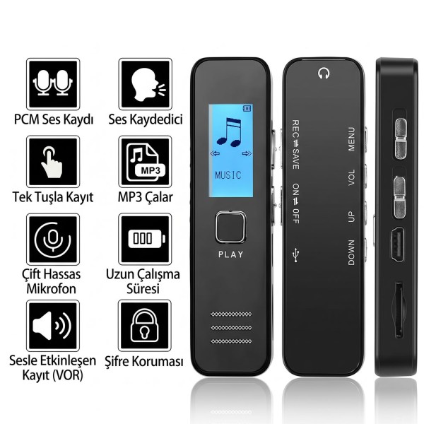 64 GB Profesyonel Dijital Ses Kayıt Cihazı - Ses Sensörlü (VOR), Çift Mikrofonlu MP3 Çalar KB60-64