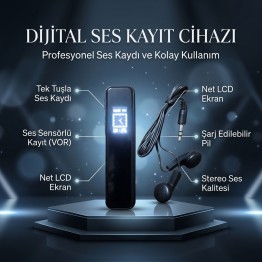 64GB Dijital Ses Kayıt Cihazı - Ses Sensörlü (VOR), Şarjlı, LCD Ekranlı ve Kulaklıklı Mini Kayıt Cihazı KB90