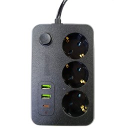 3 lü Akım Korumalı 2 Adet USB 1 Adet Type-C Girişli Priz 3414