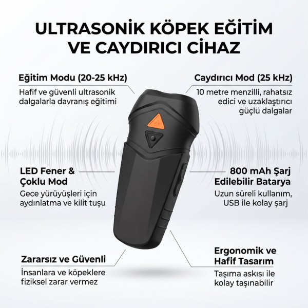 Şarj Edilebilir Ultrasonik Köpek Kovucu ve Havlama Önleyici Eğitim Cihazı - LED Fenerli 10 Metre Menzil