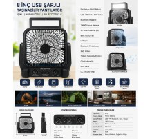 8 İnç Solar Kamp Vantilatörü FM Radyolu Bluetooth Hoparlörlü LED Işıklı PD950
