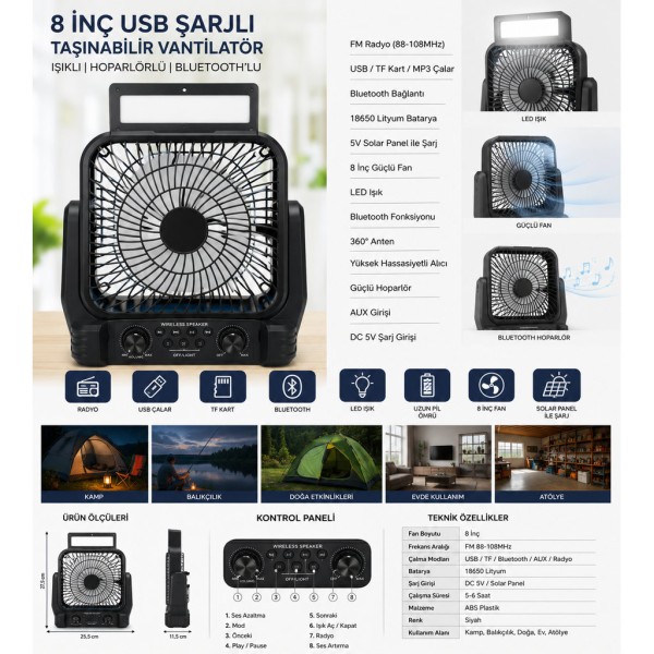 toptan-xml-dropshipping-8 İnç Solar Kamp Vantilatörü FM Radyolu Bluetooth Hoparlörlü LED Işıklı PD950