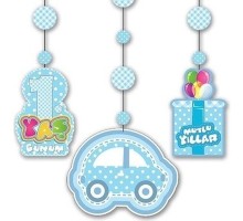 1 Yaş Temalı Asmalı İp Süs Mavi Renk 3 lü Set 12x45 cm
