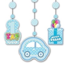 1 Yaş Temalı Asmalı İp Süs Mavi Renk 3 lü Set 12x45 cm