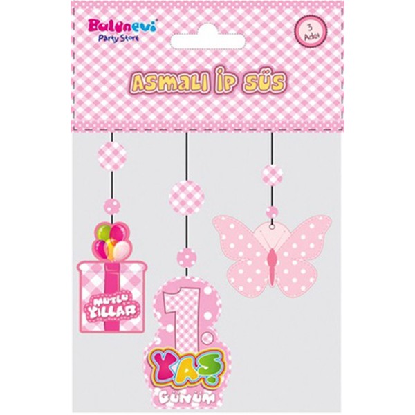 toptan-xml-dropshipping-1 Yaş Temalı Asmalı İp Süs Pembe Renk 3 lü Set 12x45 cm