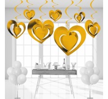 3 Boyutlu Spiralli Altın Renk Kalp Şekilli Tavan Asma Süsü 12 Adet