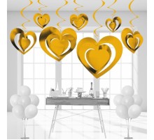 3 Boyutlu Spiralli Altın Renk Kalp Şekilli Tavan Asma Süsü 12 Adet