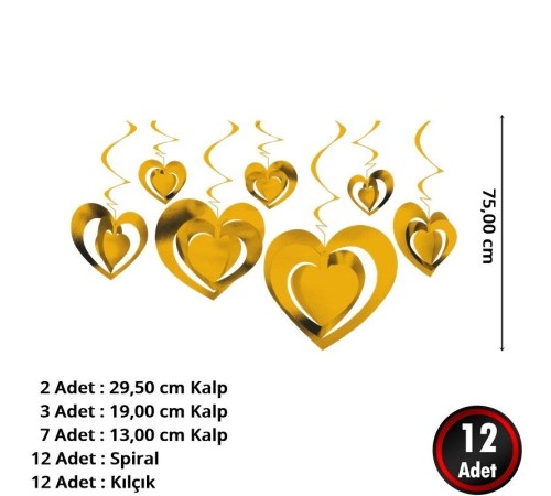 toptan-xml-dropshipping-3 Boyutlu Spiralli Altın Renk Kalp Şekilli Tavan Asma Süsü 12 Adet