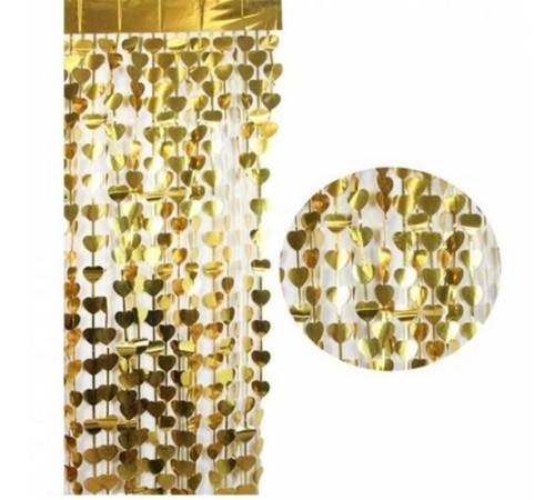 toptan-xml-dropshipping-Altın Renk Kalp Şekilli Metalize Saçaklı Arka Fon Perde Dekorasyon