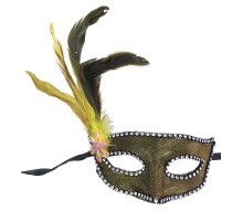 Altın Renk Kumaş Kaplama Yandan Tüylü Yılbaşı Parti Maskesi