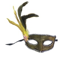 Altın Renk Kumaş Kaplama Yandan Tüylü Yılbaşı Parti Maskesi