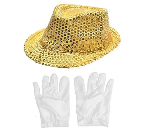 toptan-xml-dropshipping-Altın Renk Payetli Çocuk Şapkası ve Beyaz Renk Çocuk Eldiveni