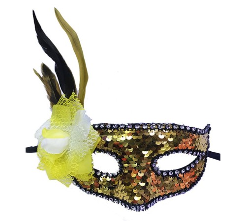 toptan-xml-dropshipping-Altın Renk Yandan Tüylü Pullu Yılbaşı Parti Maskesi