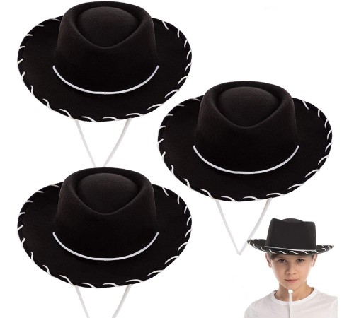 toptan-xml-dropshipping-Beyaz Bağcıklı Siyah Renk Çocuk Kovboy Şapkası 1 Adet