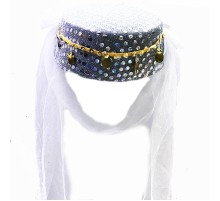 Beyaz Duvaklı Altın Pul İşlemeli Kına Fesi Kına Şapkası Oryantal Şapkası