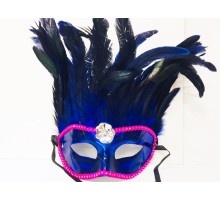 Mavi Renk Ekstra Bol Kuş Tüylü Pembe Dantelli Venedik Maskesi 30x19 cm