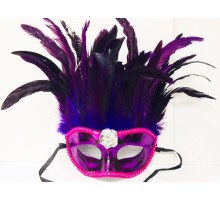 Mor Renk Ekstra Bol Kuş Tüylü Gümüş Dantelli Venedik Maskesi 30x19 cm