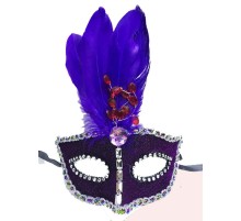 Boncuk İşlemeli Dantelli Mor Tüylü Yılbaşı Parti Maskesi Mor Renk