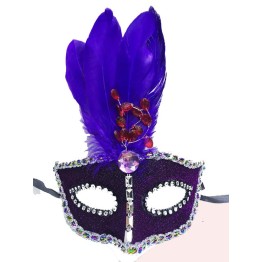 Boncuk İşlemeli Dantelli Mor Tüylü Yılbaşı Parti Maskesi Mor Renk