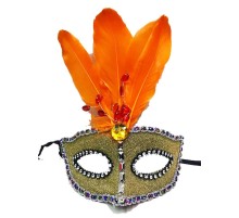 Boncuk İşlemeli Dantelli Turuncu Tüylü Yılbaşı Parti Maskesi Gold Renk