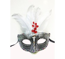 Boncuk İşlemeli Dantelli Tüylü Yılbaşı Parti Maskesi Gümüş Renk