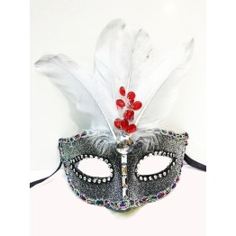 Boncuk İşlemeli Dantelli Tüylü Yılbaşı Parti Maskesi Gümüş Renk