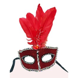 Boncuk İşlemeli Dantelli Tüylü Yılbaşı Parti Maskesi Kırmızı Renk