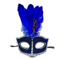 Boncuk İşlemeli Dantelli Tüylü Yılbaşı Parti Maskesi Mavi Renk