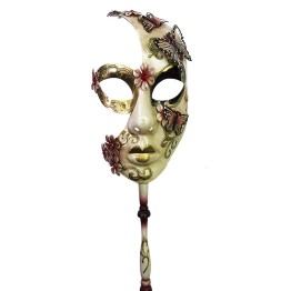 Çiçekli Orjinal Masquerade Sopalı Venedik Maskesi El İşlemeli Kırmızı Renk