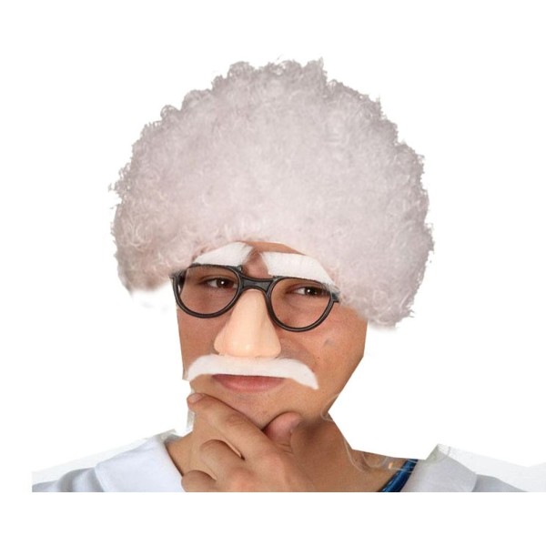 toptan-xml-dropshipping-Çılgın Profesör Beyaz Renk Kıvırcık Afro Peruk Bıyık ve Kaş Seti