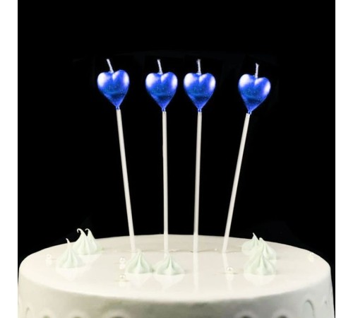 toptan-xml-dropshipping-Çubuklu Metalize Kalp Mum Doğum Günü Mumu Mavi 4 Adet