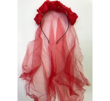 Uzun Duvaklı Üstü Kırmızı Çiçekli Parti Tacı