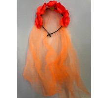 Uzun Duvaklı Üstü Turuncu Çiçekli Parti Tacı