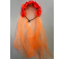 Uzun Duvaklı Üstü Turuncu Çiçekli Parti Tacı