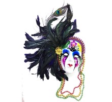 Ekstra Bol Gerçek Tüylü Boncuklu Asma Aparatlı Dekoratif Seramik Venedik Maske