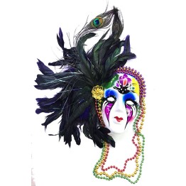 Ekstra Bol Gerçek Tüylü Boncuklu Asma Aparatlı Dekoratif Seramik Venedik Maske