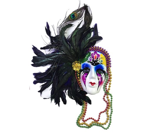toptan-xml-dropshipping-Ekstra Bol Gerçek Tüylü Boncuklu Asma Aparatlı Dekoratif Seramik Venedik Maske