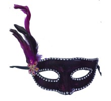 Fuşya Renk Kumaş Kaplama Yandan Tüylü Yılbaşı Parti Maskesi