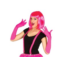 Fuşya Renk Saten Uzun Eldiven ve Küt Parti Peruğu